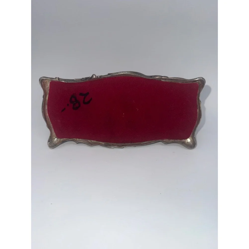 Vintage Art Nouveau Silver Tone Rose Floral Metal Trinket Jewelry Box Red Velvet